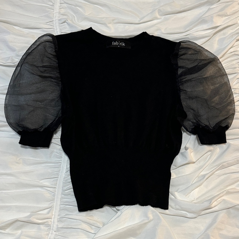 Fab'rik sheer puff sleeve women’s medium stretchy ribbed top short sleeve black